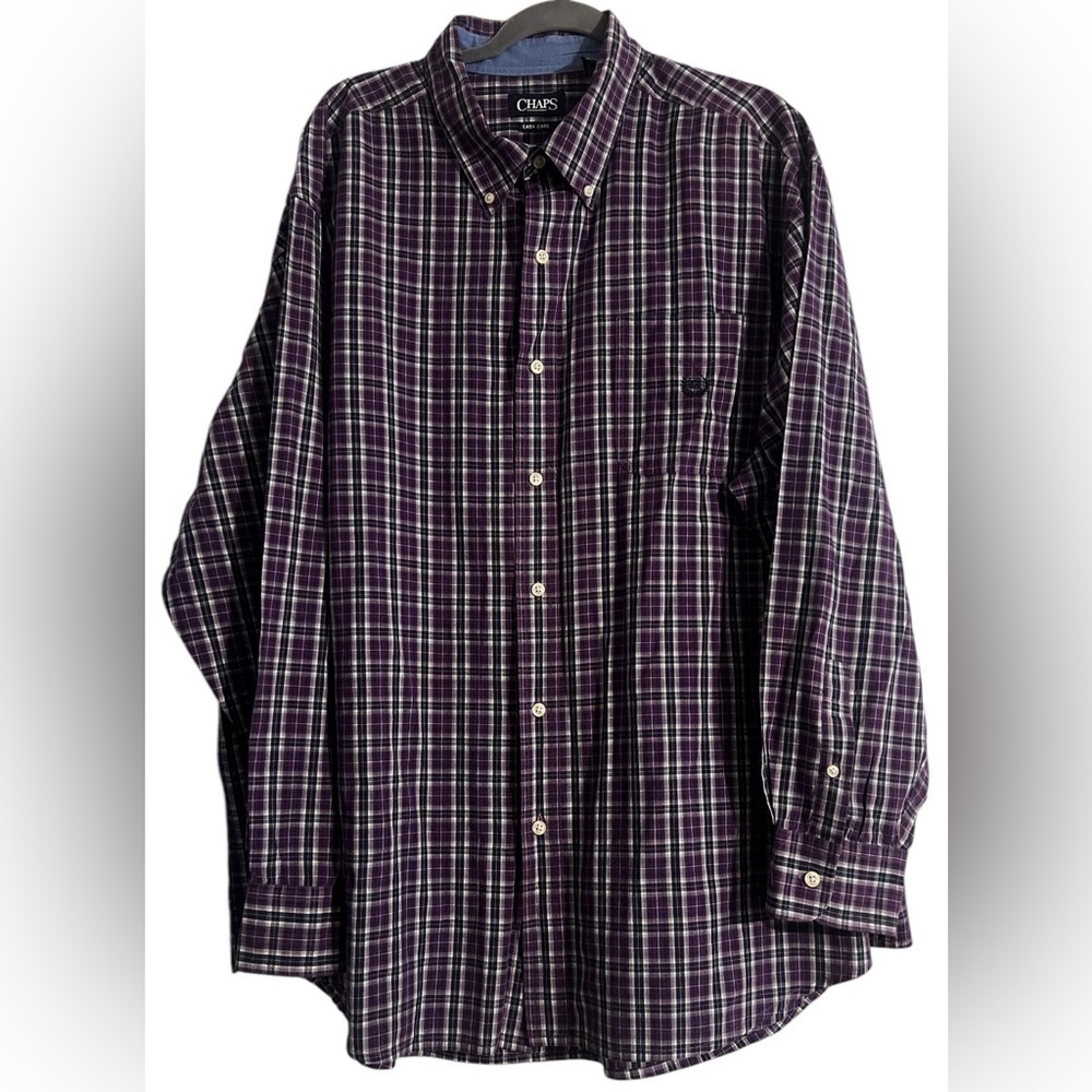 Chaps Easy Care Men's Button Down Long Sleeve Shirt Purple Plaid 3XB